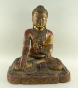 BURMESE LACQUERED WOOD BUDDHA SHAKYAMUNI, seated in flowing robes ornamented with coloured mirror