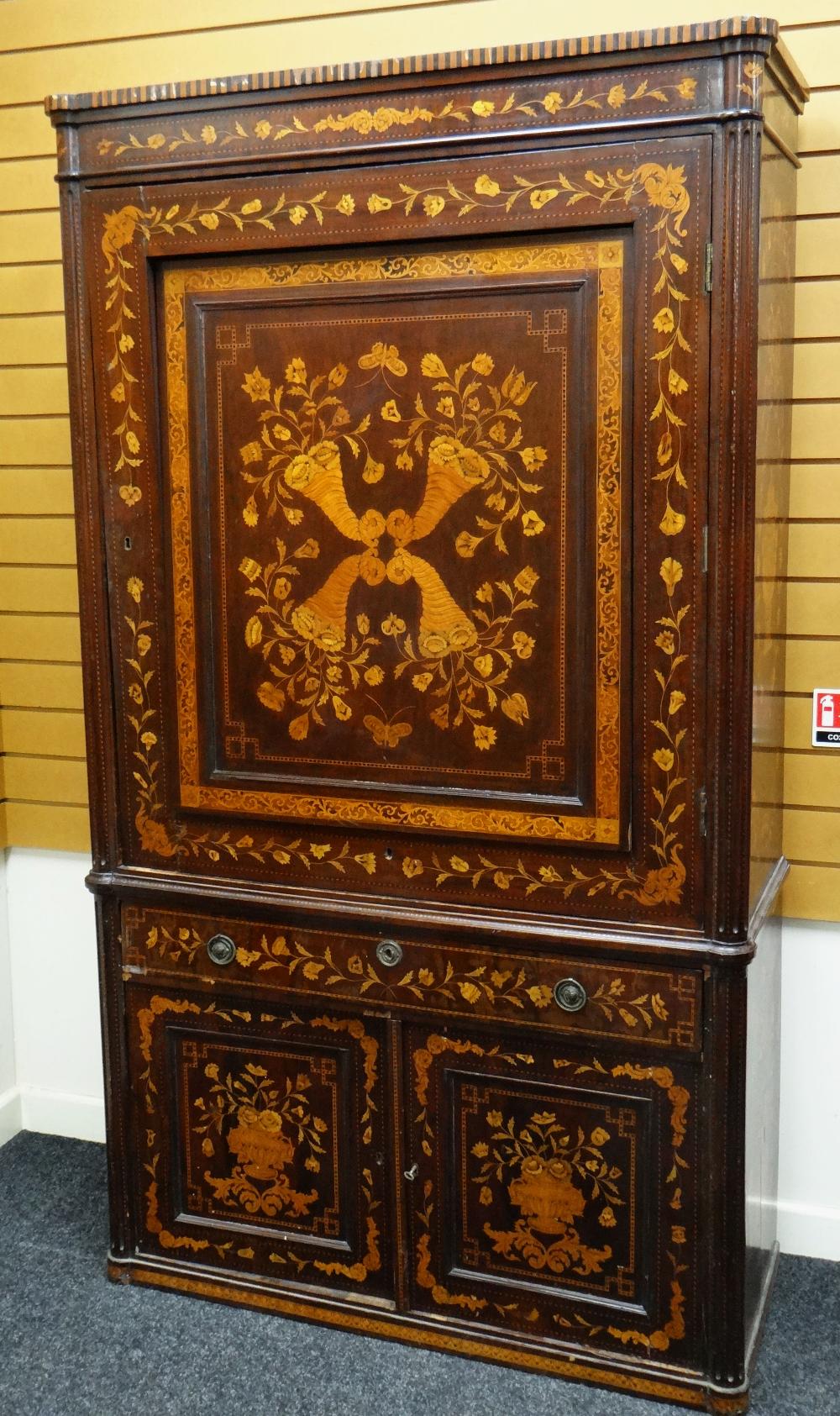 GOOD 19TH CENTURY DUTCH MARQUETRY WARDROBE stepped cornice above a single door with swivel mirror,