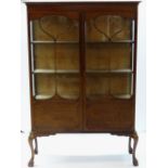 EDWARDIAN MAHOGANY DISPLAY CABINET, moulded top, whiplash astragal doors, glazed sides, claw and