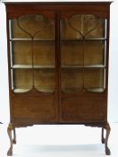 EDWARDIAN MAHOGANY DISPLAY CABINET, moulded top, whiplash astragal doors, glazed sides, claw and