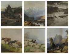 SIX LARGE FURNISHING COLOUR LITHOGRAPHS, including pair after T S Cooper of sheep and cattle, 38 x