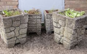 TWO PAIRS OF SQUARE COMPOSITION STONE PLANTERS, 37cms and 46cms high respectively (4)