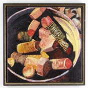 MICK DEAN (b. 1946) oil on canvas - May Contain Nuts, signed and titled verso, 40 x 40cms