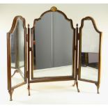 QUEEN ANNE-STYLE WALNUT TRIPLE GLASS DRESSING TABLE MIRROR, parcel gilt inner moulding, cabriole