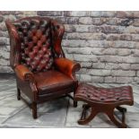 GEORGE III-STYLE MAHOGANY & LEATHER WINGBACK ARMCHAIR, red button upholstered back, square