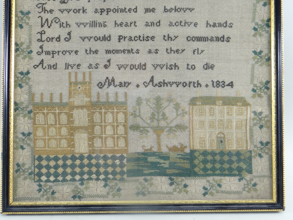 WILLIAM IV NEEDLEWORK SAMPLER, by Mary Ashworth 1834, decorated with flowering urns and squirrels - Image 5 of 8