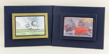 CERI PRITCHARD oil on boards, a pair - surrealist landscapes, signed with initials, 10 x 14cms (2x),