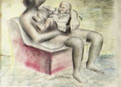 ERIC MALTHOUSE pencil and pastel on paper - artist's wife and baby, signed with initials, circa