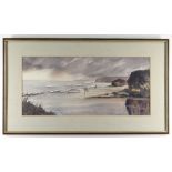 LYNN LLEWELYN DAVIES watercolour - beachscape with family and dog, signed, label verso for Reading