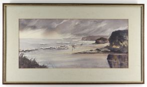 LYNN LLEWELYN DAVIES watercolour - beachscape with family and dog, signed, label verso for Reading