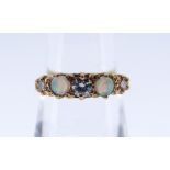 18CT GOLD FIVE STONE OPAL & DIAMOND RING, ring size N, 2.7gms, in black square ring box Condition