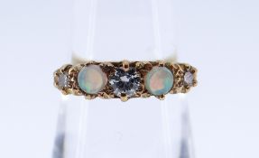 18CT GOLD FIVE STONE OPAL & DIAMOND RING, ring size N, 2.7gms, in black square ring box Condition