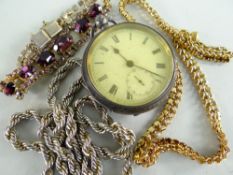 EARLY 20TH CENTURY SILVER POCKET WATCH & THREE COSTUME JEWELLERY ITEMS, the key wind watch with