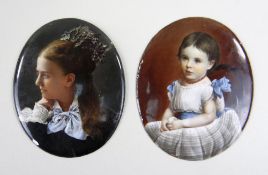 PAIR LATE 19TH CENTURY PORTRAIT MINIATURES, enamel on copper, depicting a young girl in white