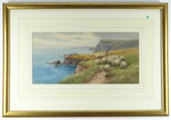 TOM ROWDEN watercolour - herding the sheep along the coastal path, signed, 19 x 39cms