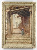 EARLY 20TH CENTURY ENGLISH SCHOOL watercolour - neopolitan maiden with basket on a cobbled stairway,