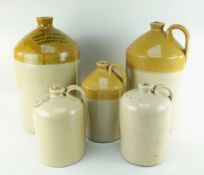 FIVE VINTAGE STONEWARE FLAGONS including one with Philips & Sons Ltd transfer - Wine & Spirit