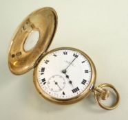 9CT GOLD HALF HUNTER POCKET WATCH having stepped enamel dial with Roman numeral chapter ring with