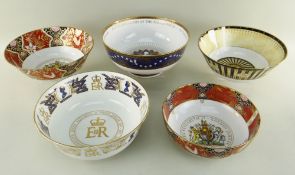 FIVE MODERN ENGLISH BONE CHINA BOWLS, comprising Royal Worcester 250th anniversary of the founding