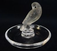 CRYSTAL LALIQUE GLASS PIN DISH, modelled with a frosted preening turtle dove, etched mark, 9.5cm