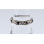 9CT WHITE GOLD DIAMOND & SAPPHIRE HALF ETERNITY RING, ring size L / M, 1.8gms, in black square