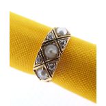 YELLOW METAL PEARL & DIAMOND MOURNING RING, engraved to shank 'died 4th June 1890', ring size K, 3.