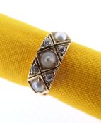 YELLOW METAL PEARL & DIAMOND MOURNING RING, engraved to shank 'died 4th June 1890', ring size K, 3.