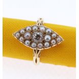 18CT GOLD MARQUISE DIAMOND & PEARL RING, the central diamond (0.25cts approx.) surrounded by sixteen