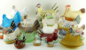 COLLECTION OF CONTINENTAL NESTING HEN EGG BASKETS, in pottery, porcelain and glass, various sizes (
