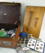 VINTAGE LEATHER OVERNIGHT CASE & CONTENTS of mixed coinage and two large iron nails purported to