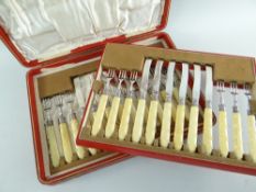 CASED EDWARDIAN IVORY-HANDLED FRUIT KNIVES & FORKS FOR TWELVE, J H Potter, Sheffield 1908, with