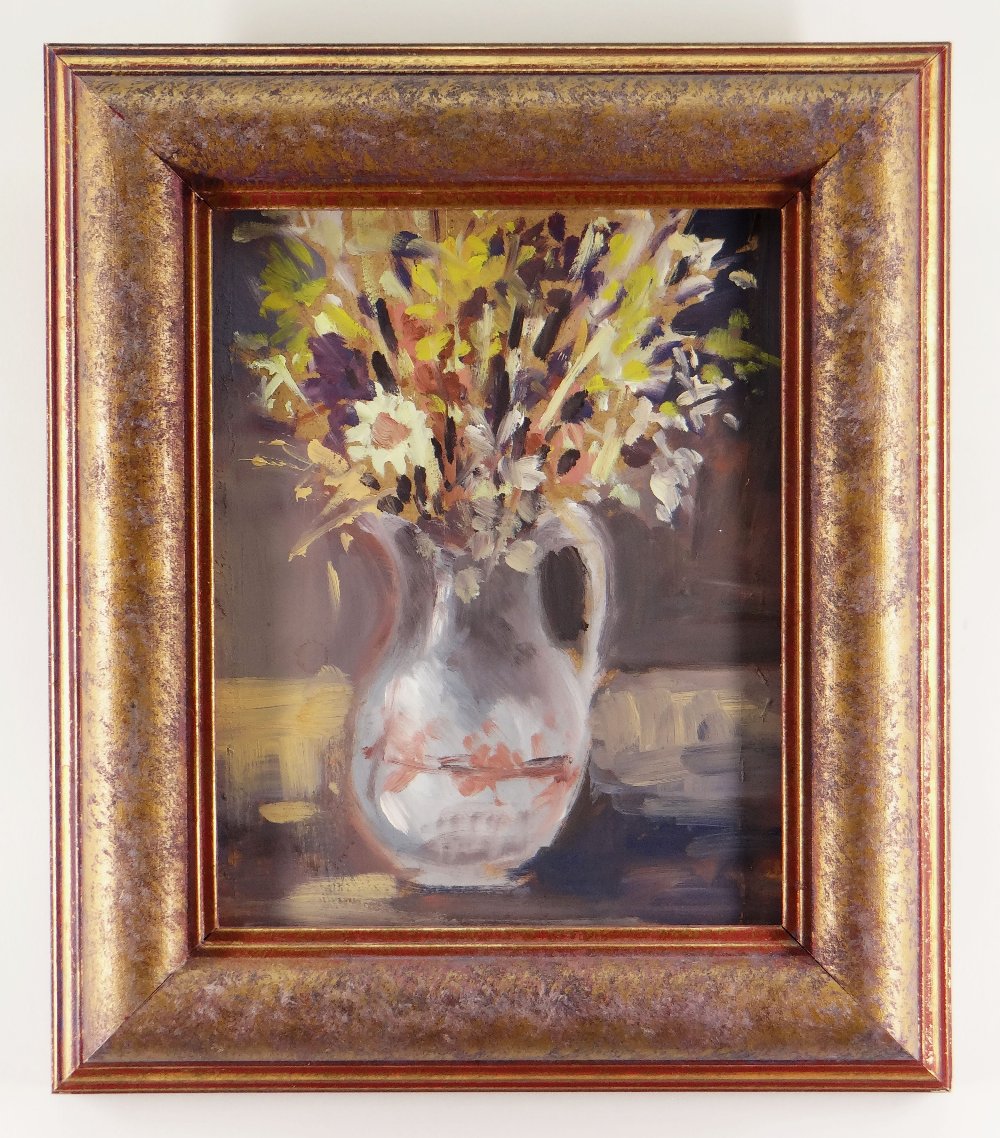ANDREW DOUGLAS FORBES oil on board - still life of flowers in a glass pitcher, 24 x 19cms