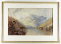 WILLIAM HALL (d. circa 1885) watercolour - highland loch view with mountains in the distance, signed