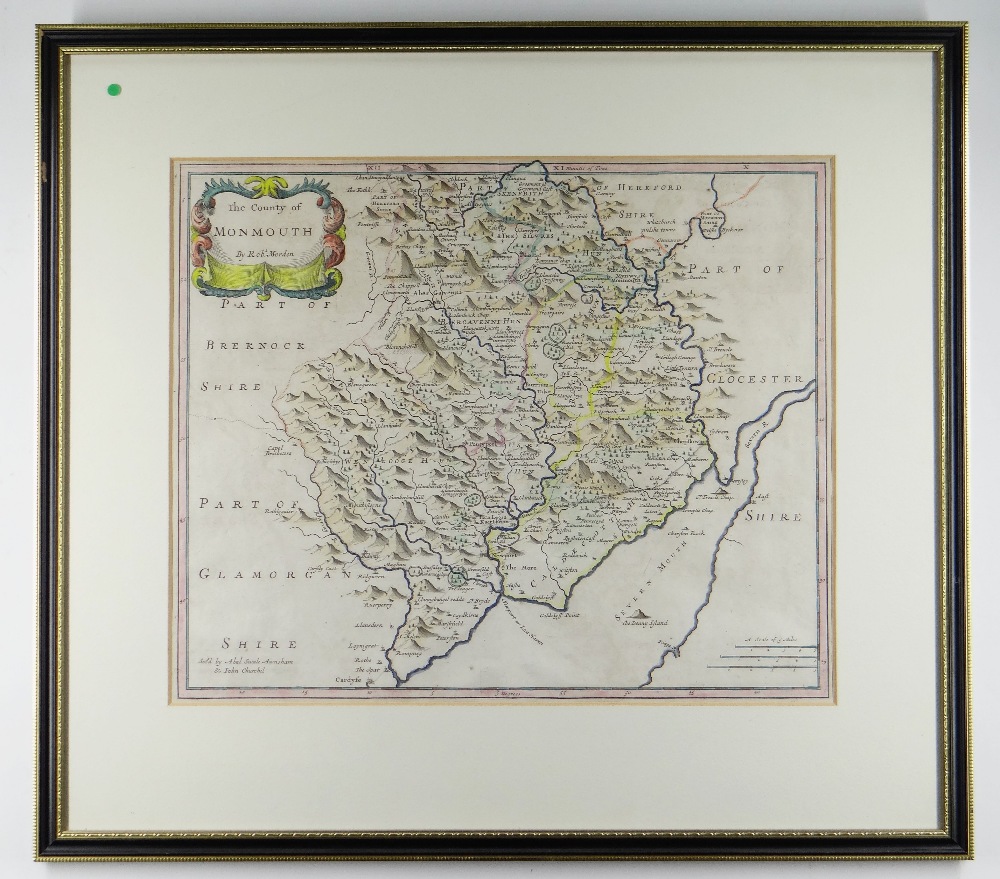 ROBERT MORDEN - THE COUNTY OF MONMOUTH hand coloured double page printed map, 35 x 42cms