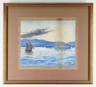 A CHARLES watercolour - shipping, titled 'Mt Olympus', signed, 19.5 x 22cms, framed and glazed