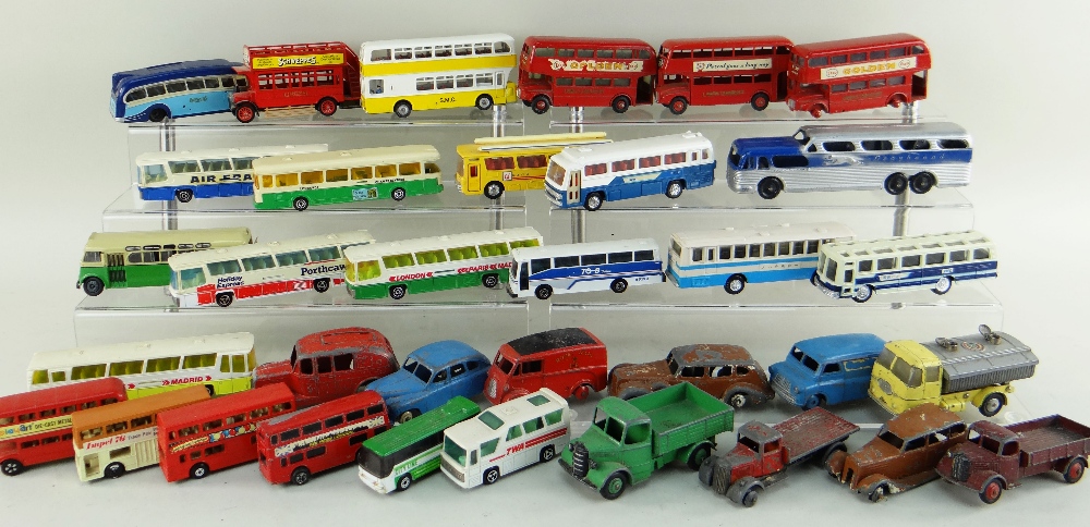 ASSORTED DIECAST BUSES and VEHICLES, including some Dinky prewar cars and trucks, Lesney and