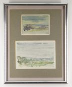 LEWIS ALLAN two watercolours framed together - landscapes, signed and dated 1970, 12 x 18cms and 9 x