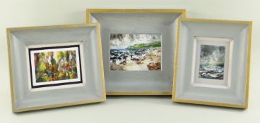 NATHAN JONES oils on card - three semi abstract landscapes including beach scenes, all similarly