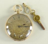 14K GOLD OPEN FACED POCKET WATCH the dial florally decorated with Roman numeral chapter ring, with