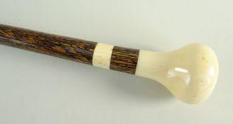EDWARDIAN IVORY MOUNTED WALKING CANE, swollen handle with matching collar and ferrule, palm wood
