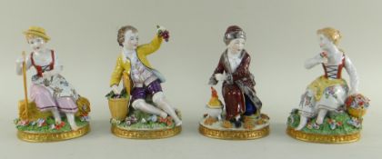 SET OF FOUR SITZENDORF PORCELAIN FIGURINES OF THE SEASONS, decorated in a Meissen-style with
