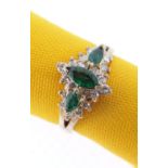14K YELLOW GOLD EMERALD & DIAMOND RING, the three marquise shaped emeralds surrounded by twenty