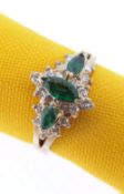 14K YELLOW GOLD EMERALD & DIAMOND RING, the three marquise shaped emeralds surrounded by twenty