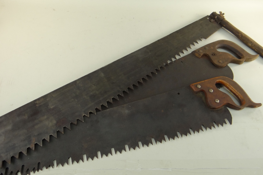 THREE VINTAGE TWO MAN CROSS CUT SAWS, largest 178cm long (3) Condition, one lacks turned handle, - Image 2 of 2