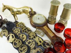 ASSORTED COLLECTIBLES, including barometer, decorative souvenir miner's lamps, horse brasses, ETC.