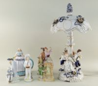 GERMAN PORCELAIN FIGURAL TABLE LAMP, with dancing children on the base and lithophane dome shade,