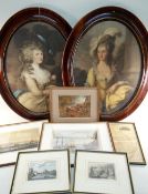 ASSORTED DECORATIVE PRINTS including pair of oval colour lithographs of Regency beauties, Piggot &