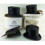 THREE VINTAGE TOP HATS & A MORTAR BOARD two bearing labels for Lincoln Bennett, London and another