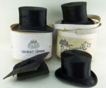 THREE VINTAGE TOP HATS & A MORTAR BOARD two bearing labels for Lincoln Bennett, London and another