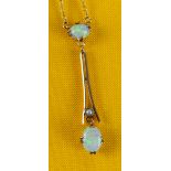 YELLOW METAL OPAL & PEARL SET DROP PENDANT ON CHAIN, chain 48cms long approx., 2.1gms, in black